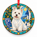 White West Highland White Terrier stained glass style porcelain Christmas ornament with red ribbon