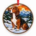 Tricolor Westphalian Dachsbracke stained glass style porcelain Christmas ornament with red ribbon