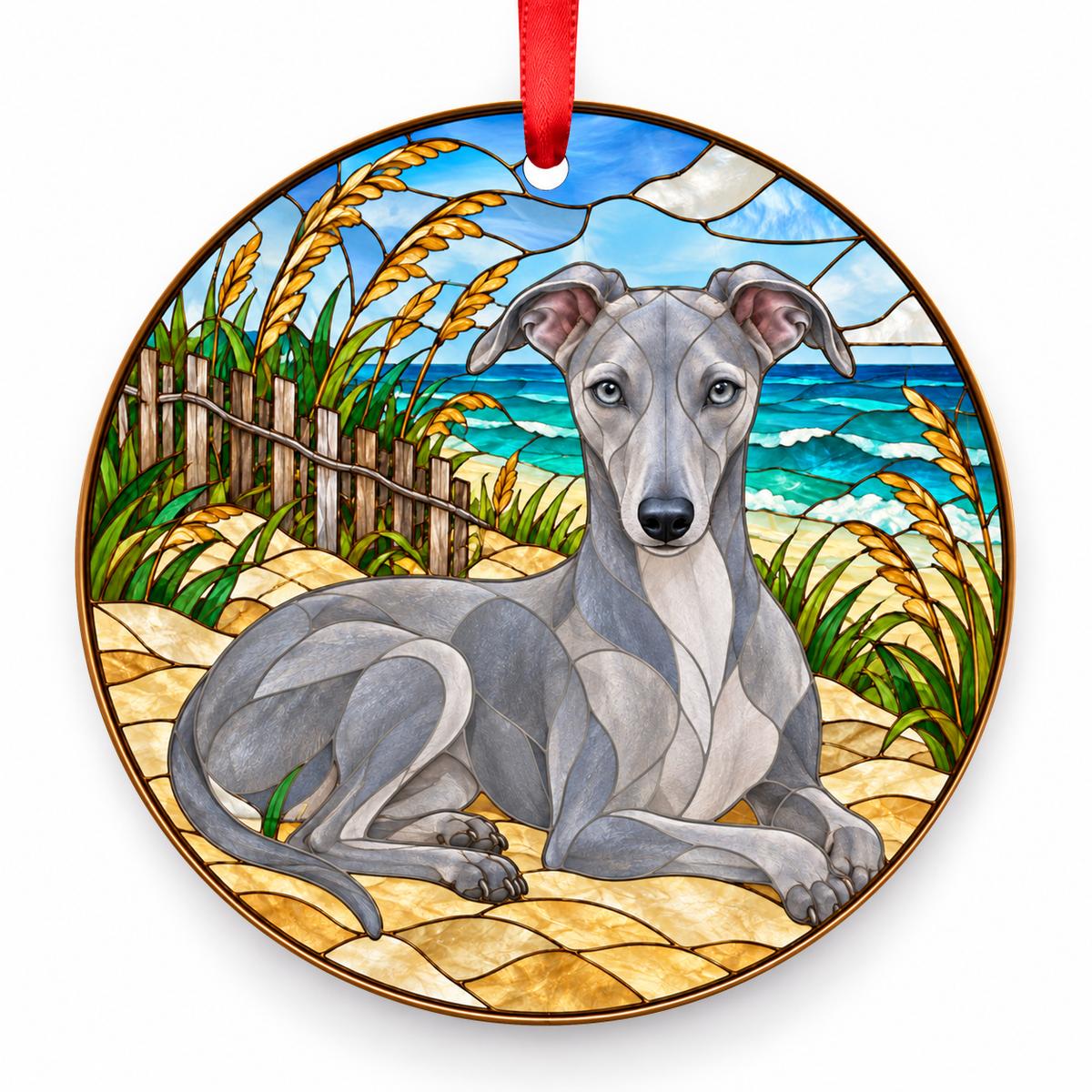 Blue Whippet stained glass style porcelain Christmas ornament with red ribbon