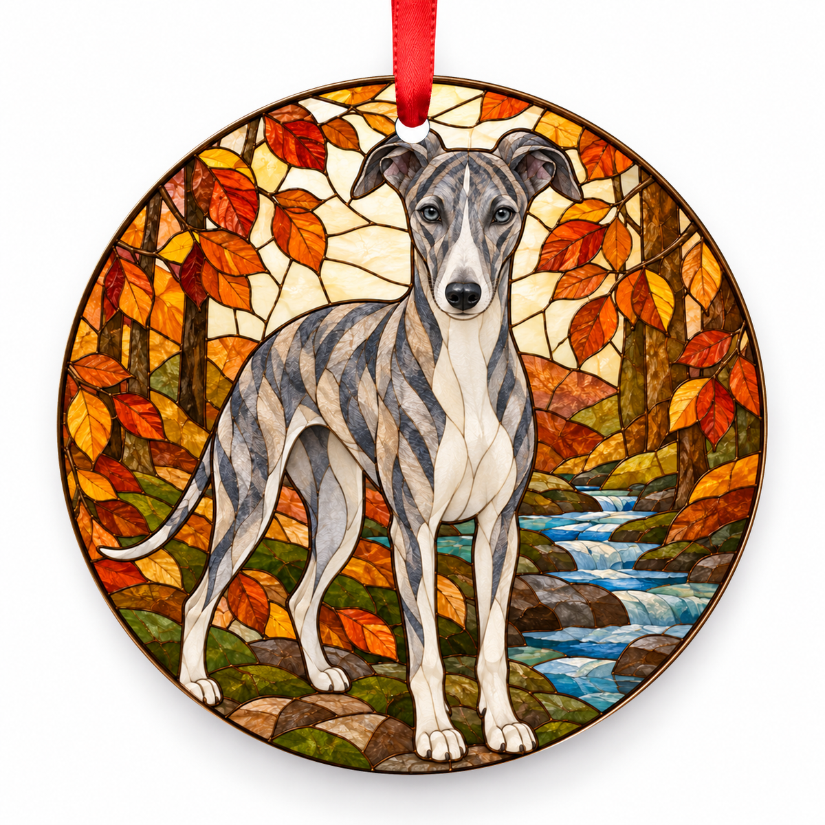Blue Brindle Whippet stained glass style porcelain Christmas ornament with red ribbon