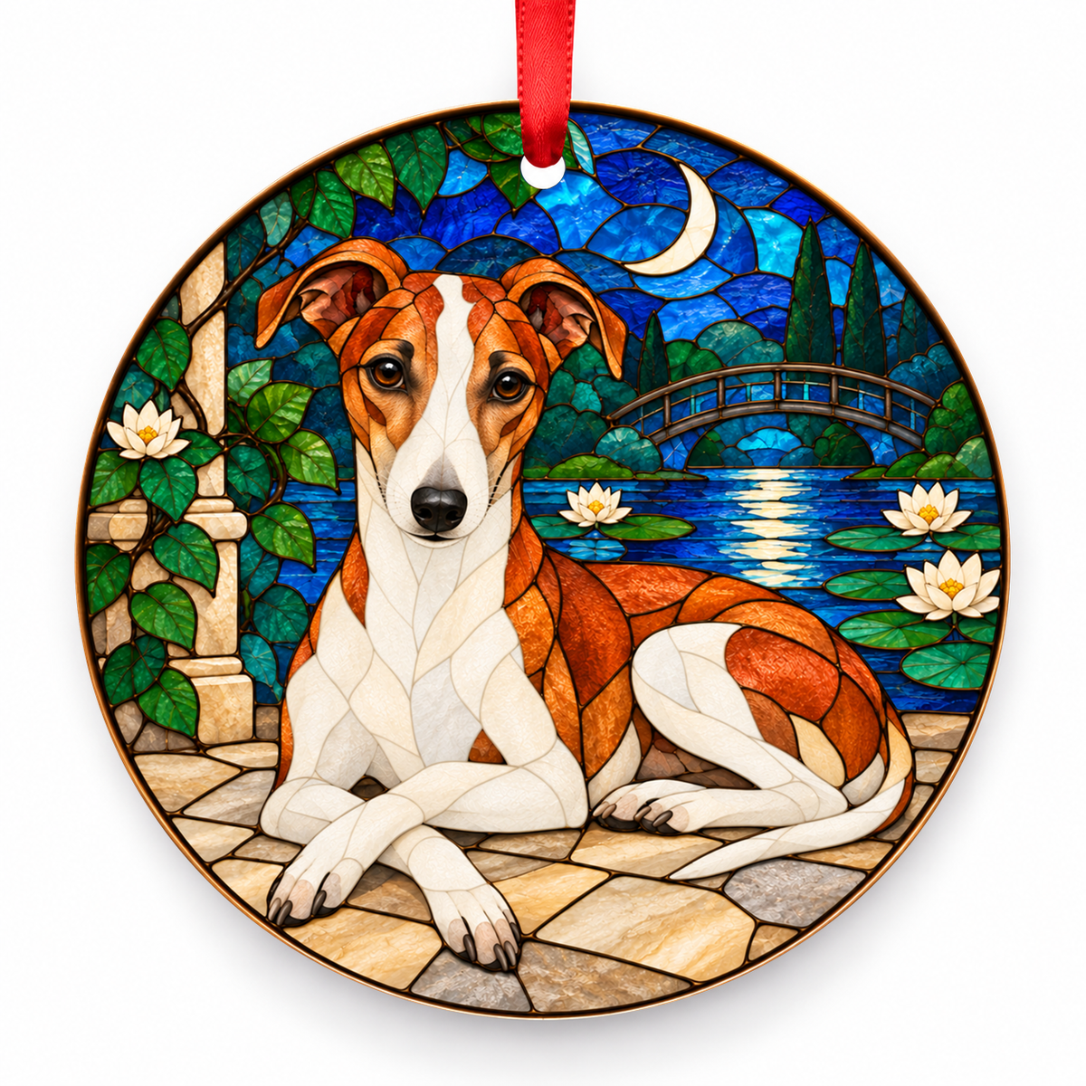 Red and White Whippet stained glass style porcelain Christmas ornament with red ribbon