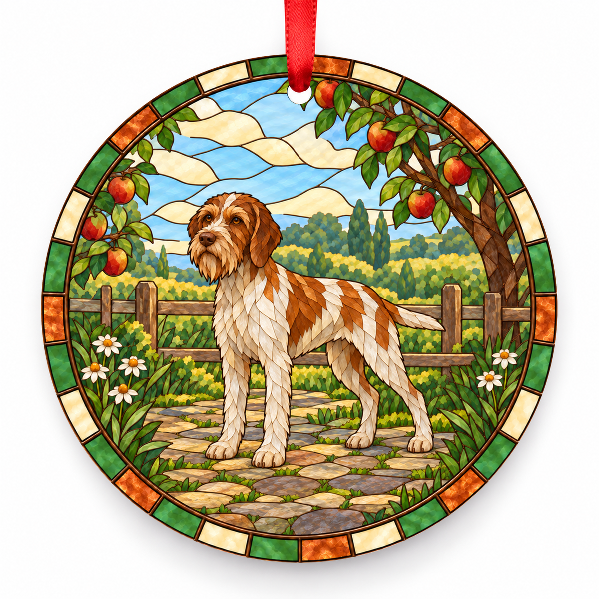 Orange and White Wirehaired Pointing Griffon stained glass style porcelain Christmas ornament with red ribbon