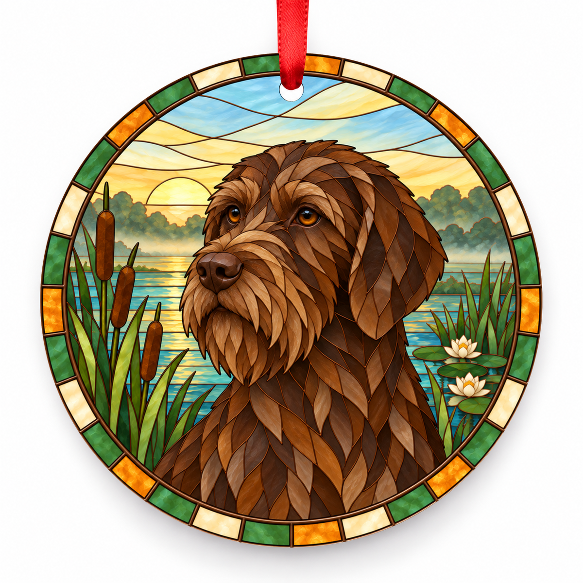 Solid Brown Wirehaired Pointing Griffon stained glass style porcelain Christmas ornament with red ribbon