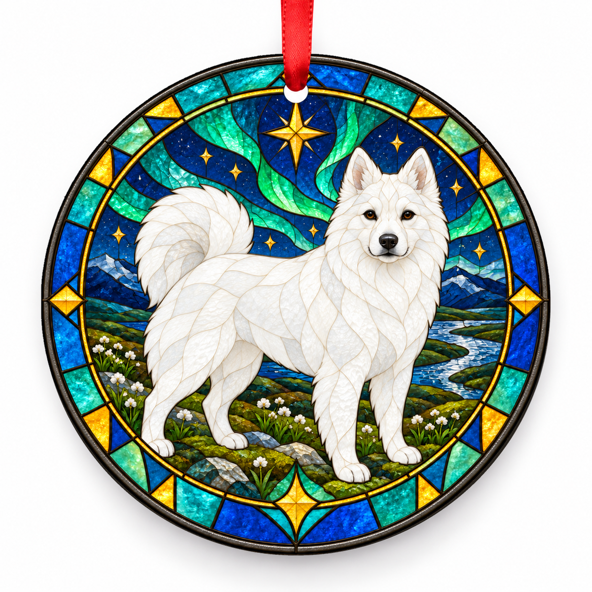 White Yakutian Laika stained glass style porcelain Christmas ornament with red ribbon