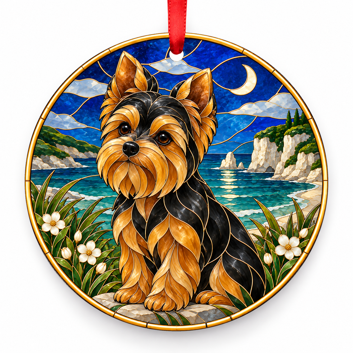 Black and Tan Yorkshire Terrier stained glass style porcelain Christmas ornament with red ribbon