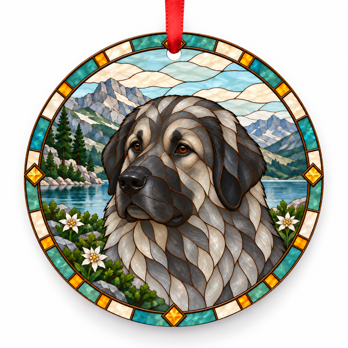 Iron Gray Yugoslavian Shepherd Dog Sharplanina stained glass style porcelain Christmas ornament with red ribbon