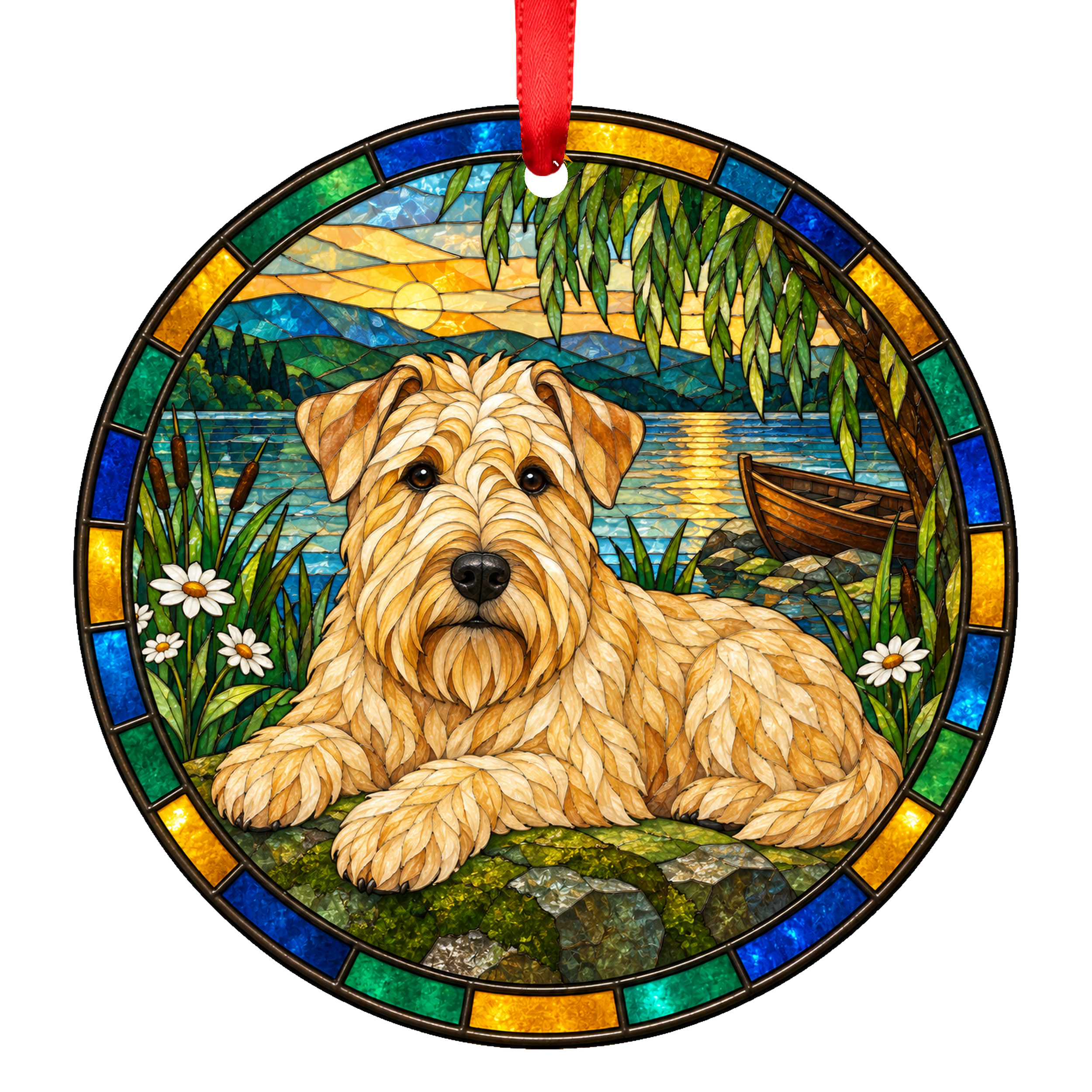 Soft Coated Wheaten Terrier Golden stained glass style Christmas ornament