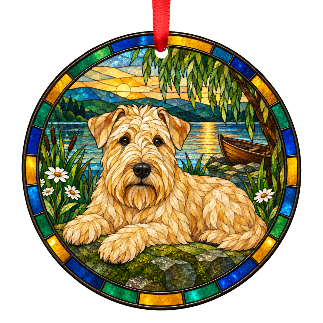Soft Coated Wheaten Terrier Golden stained glass style Christmas ornament