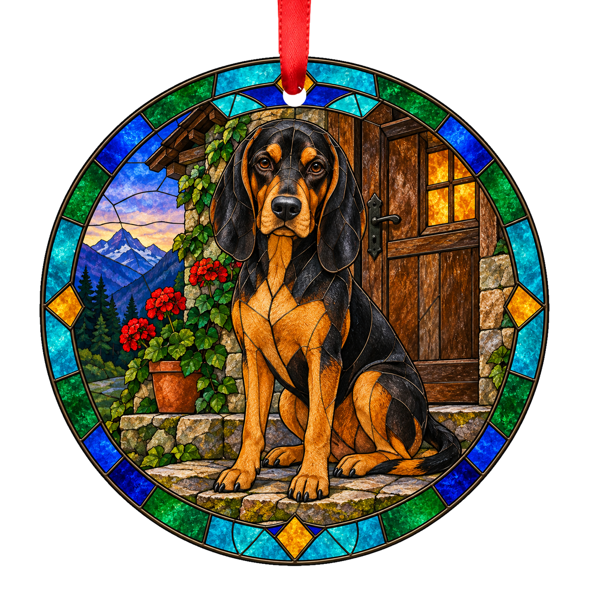 Swiss Hound Black and Tan Jura stained glass ornament