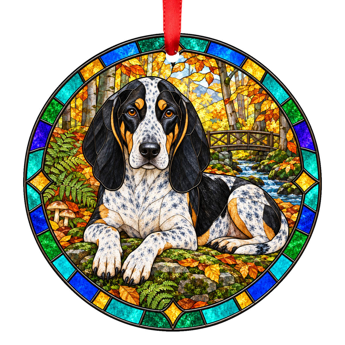 Swiss Hound Blue Speckled Lucerne stained glass ornament