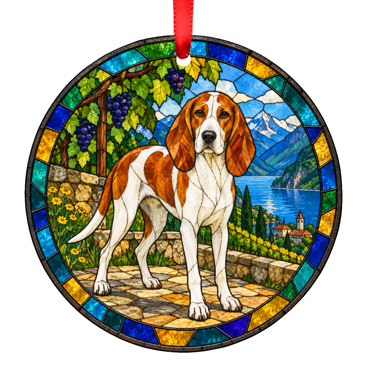 Swiss Hound White and Orange Schwyz stained glass ornament
