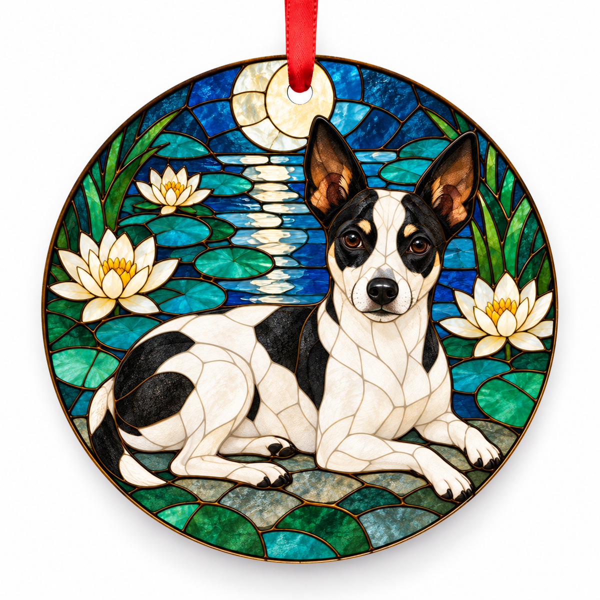 White and Black Valencian Terrier stained glass style porcelain Christmas ornament with red ribbon