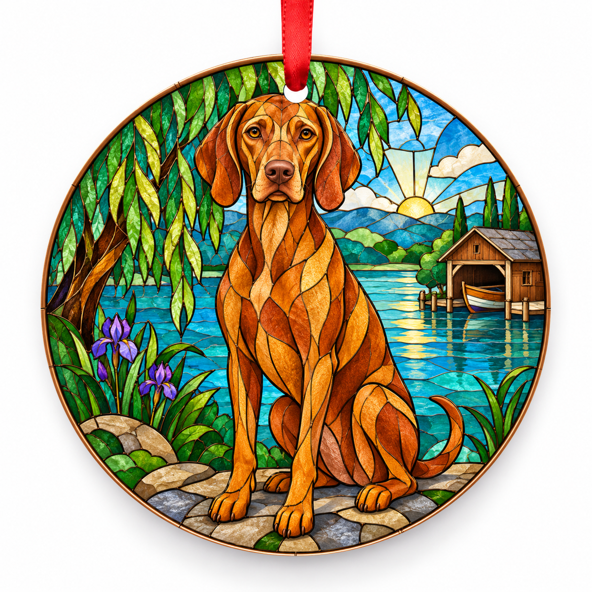Golden Rust Vizsla stained glass style porcelain Christmas ornament with red ribbon