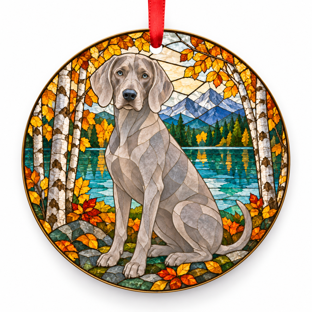 Blue Gray Weimaraner stained glass style porcelain Christmas ornament with red ribbon