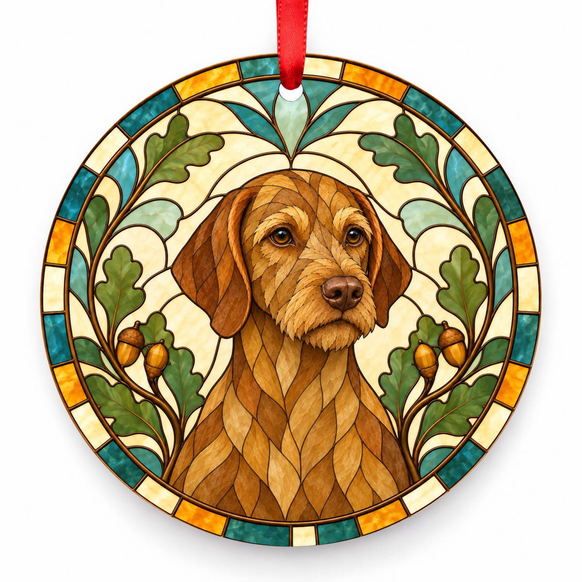 Dark Sandy Gold Wirehaired Vizsla stained glass style porcelain Christmas ornament with red ribbon