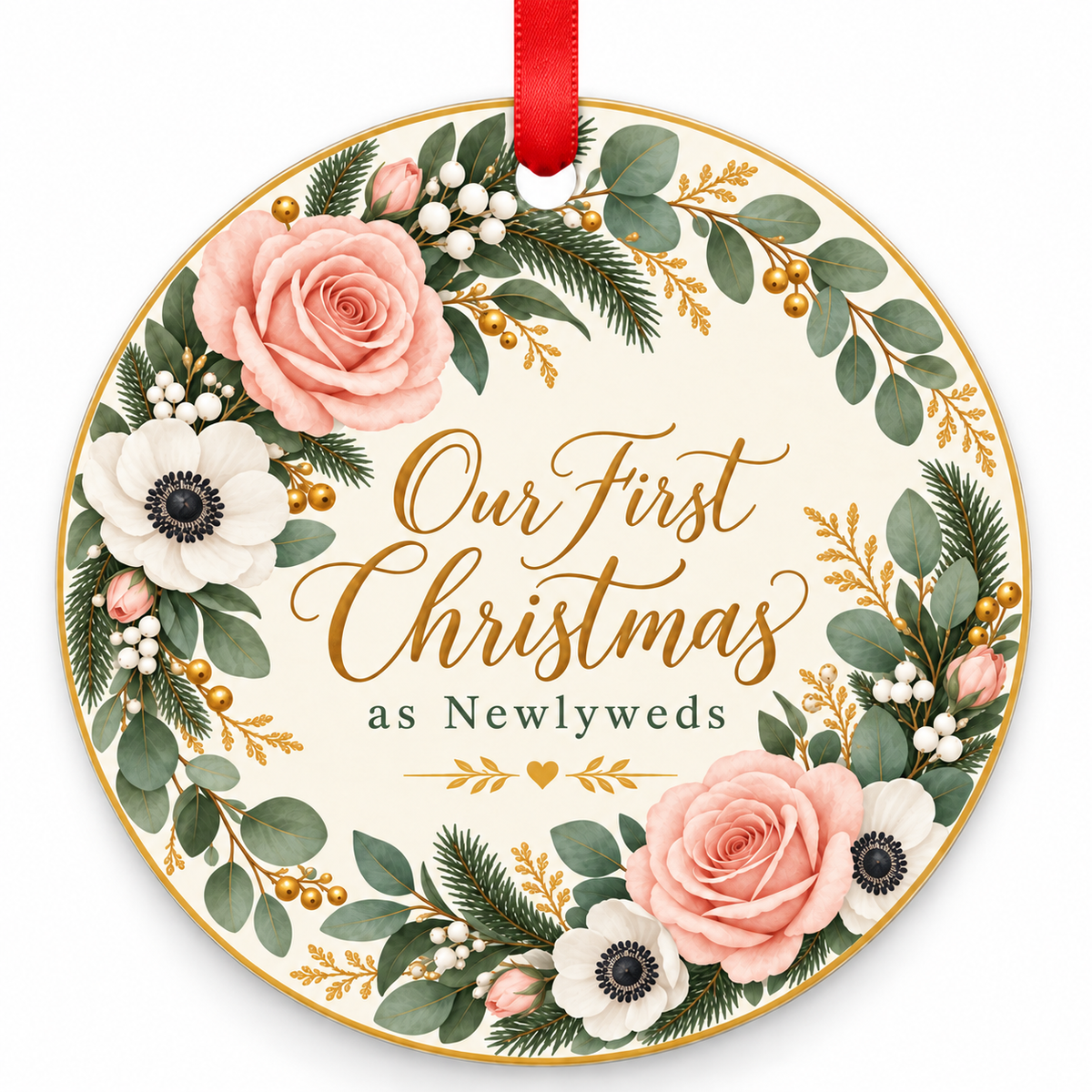 Blush Floral First Christmas as Newlyweds Wedding Christmas Ornament with red hanging ribbon
