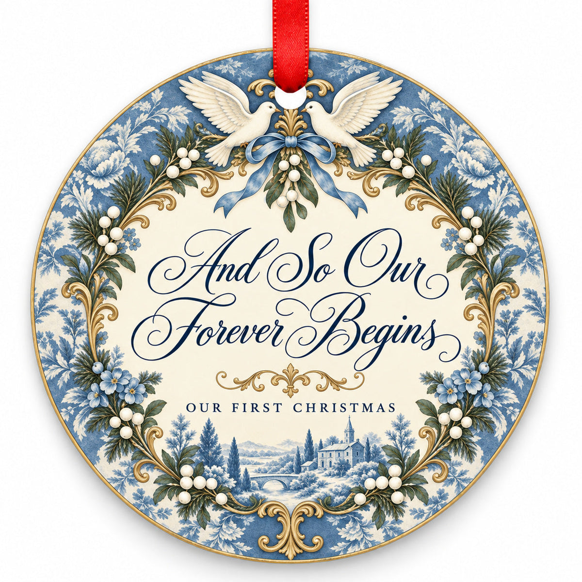 Vintage Blue Forever Begins Wedding Christmas Ornament with red hanging ribbon