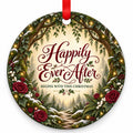 Woodland Happily Ever After Wedding Christmas Ornament with red hanging ribbon