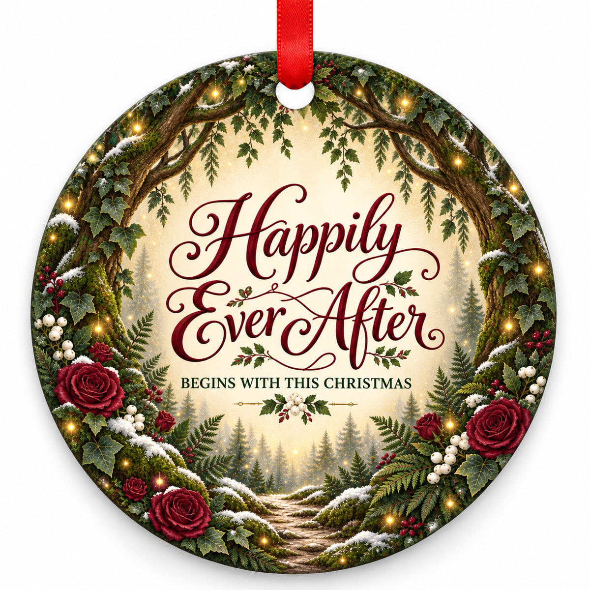 Woodland Happily Ever After Wedding Christmas Ornament with red hanging ribbon