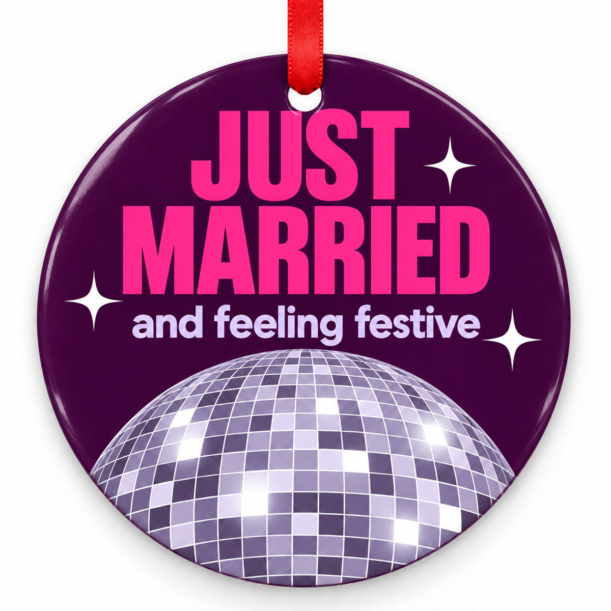 Disco Just Married Wedding Christmas Ornament with red hanging ribbon