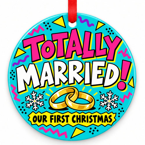 90s Totally Married Wedding Christmas Ornament with red hanging ribbon