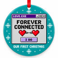 Retro Computer Forever Connected Wedding Christmas Ornament with red hanging ribbon