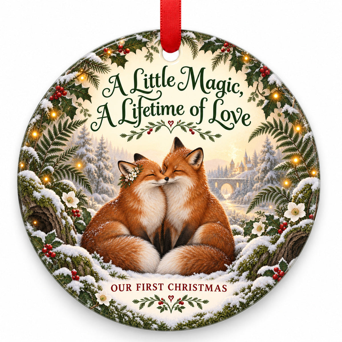Foxes A Lifetime of Love Wedding Christmas Ornament with red hanging ribbon