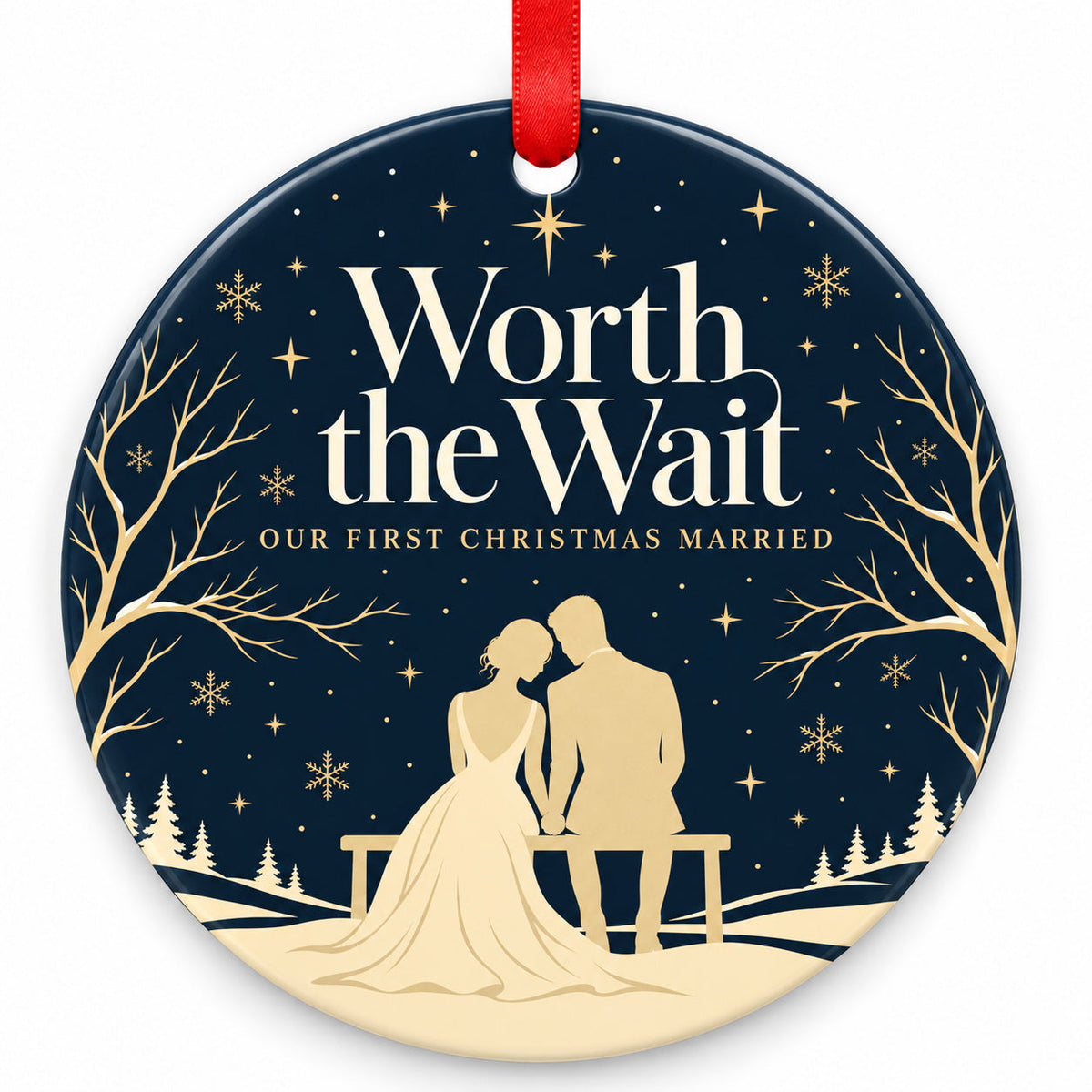 Navy Worth the Wait Wedding Christmas Ornament with red hanging ribbon