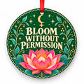 Bloom Without Permission porcelain Christmas ornament with red ribbon