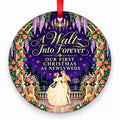 A Waltz Into Forever porcelain Christmas ornament with red ribbon