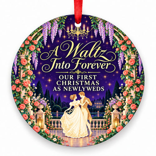 A Waltz Into Forever porcelain Christmas ornament with red ribbon