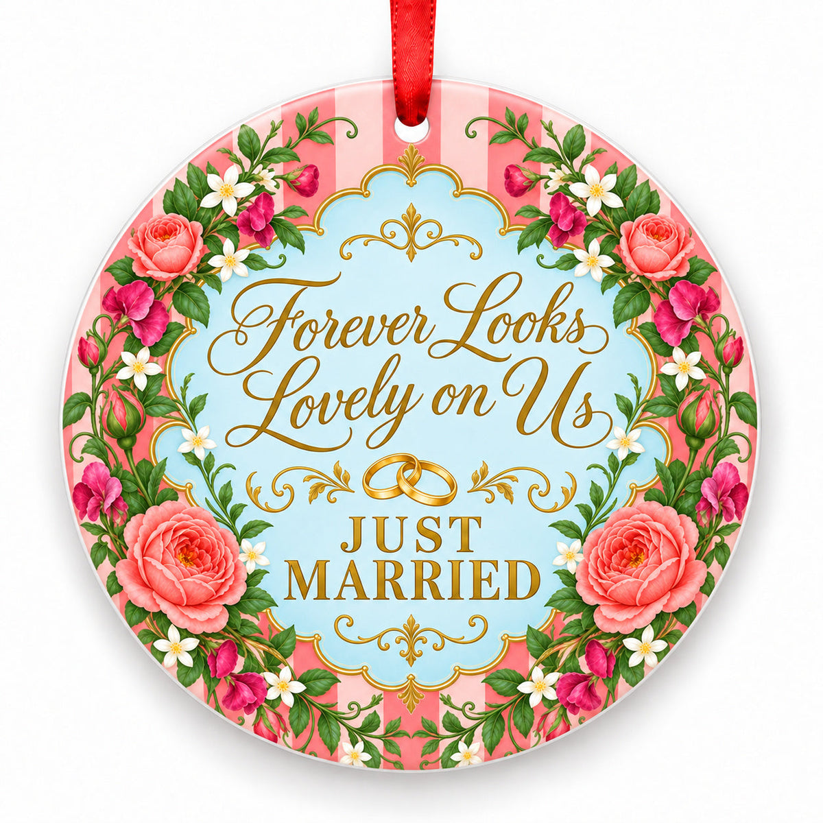 Forever Looks Lovely on Us porcelain Christmas ornament with red ribbon