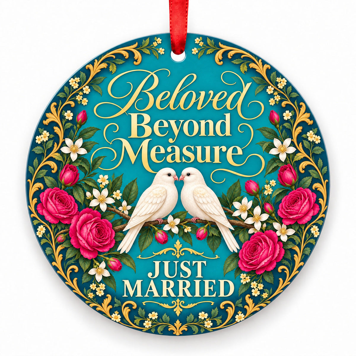 Beloved Beyond Measure porcelain Christmas ornament with red ribbon