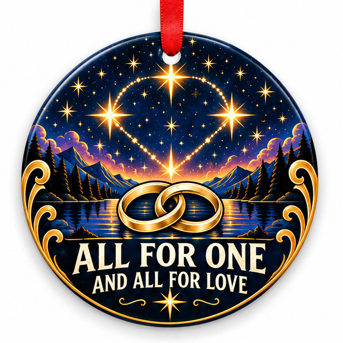 All for One & All for Love Constellation Rings Ornament with red hanging ribbon