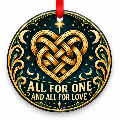 All for One & All for Love Eternal Knot Heart Ornament with red hanging ribbon
