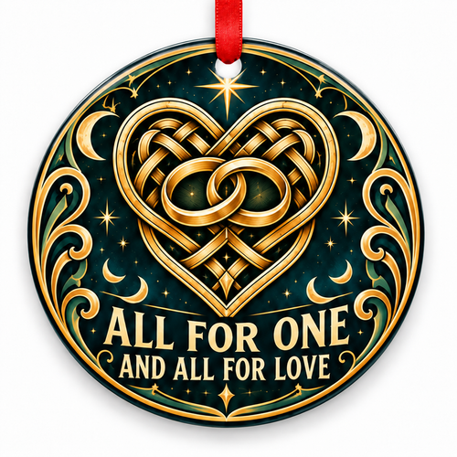All for One & All for Love Eternal Knot Rings Ornament with red hanging ribbon