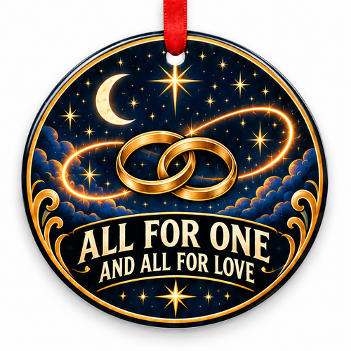 All for One & All for Love Infinity Orbit Rings Ornament with red hanging ribbon