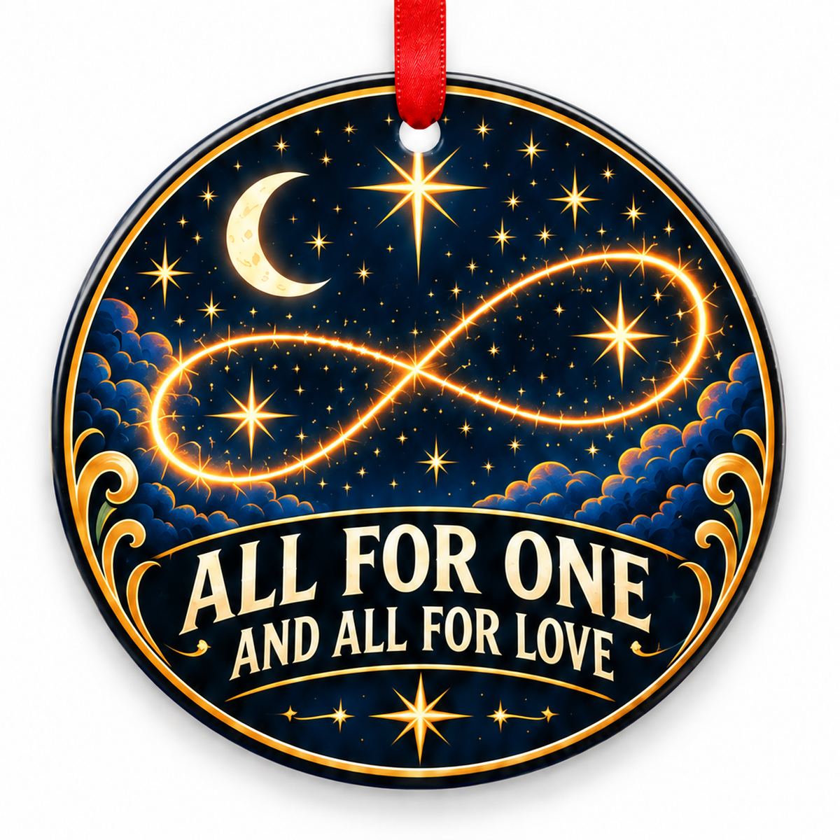 All for One & All for Love Infinity Orbit Ornament with red hanging ribbon
