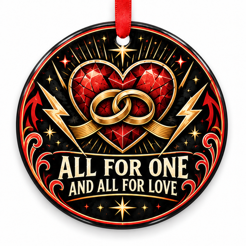 All for One & All for Love Rock Heart Rings Ornament with red hanging ribbon