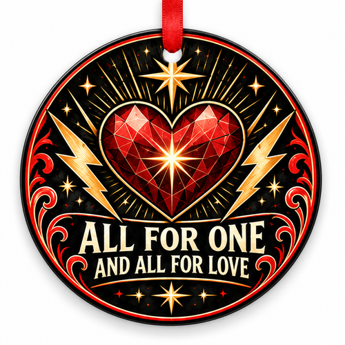 All for One & All for Love Rock Heart Ornament with red hanging ribbon