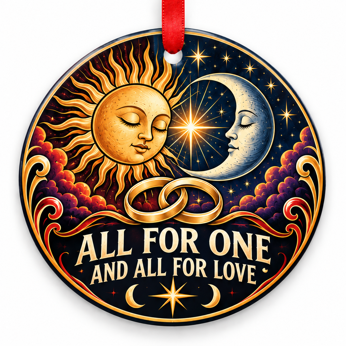 All for One & All for Love Sun and Moon Rings Ornament with red hanging ribbon