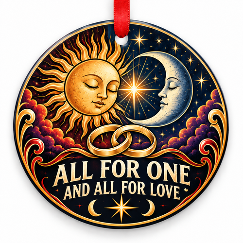All for One & All for Love Sun and Moon Rings Ornament with red hanging ribbon