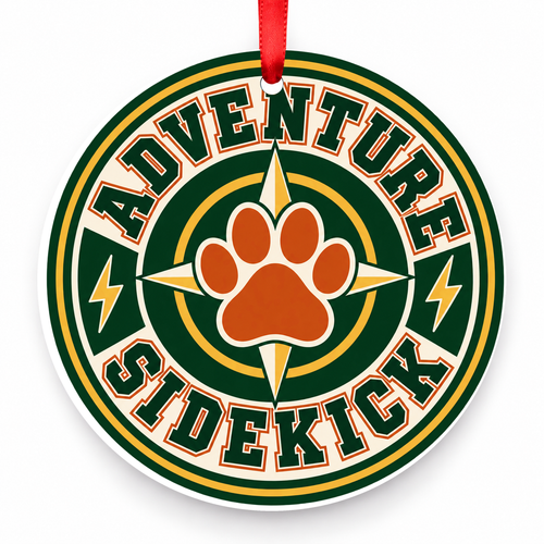 Adventure Sidekick Christmas Ornament with red hanging ribbon