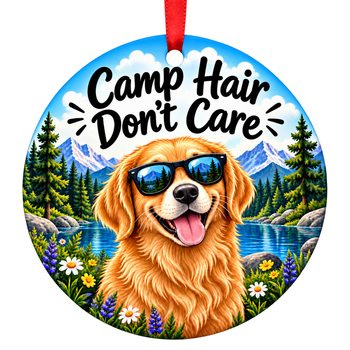 Camp Hair Don't Care dog camping Christmas ornament mockup