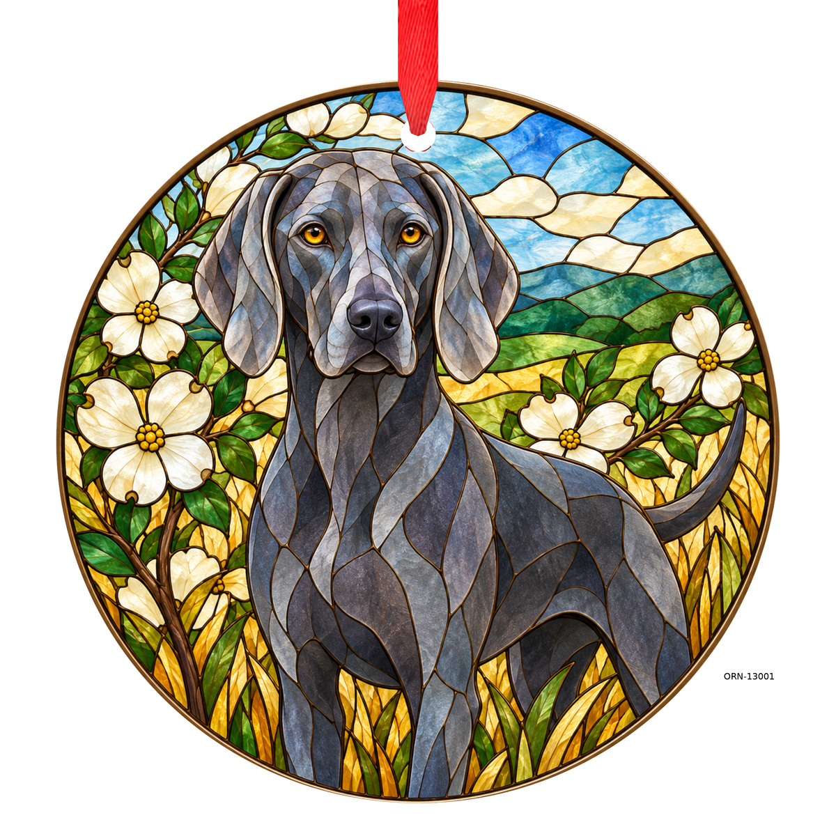 Blue Meadow Weimaraner stained glass style porcelain Christmas ornament with red ribbon