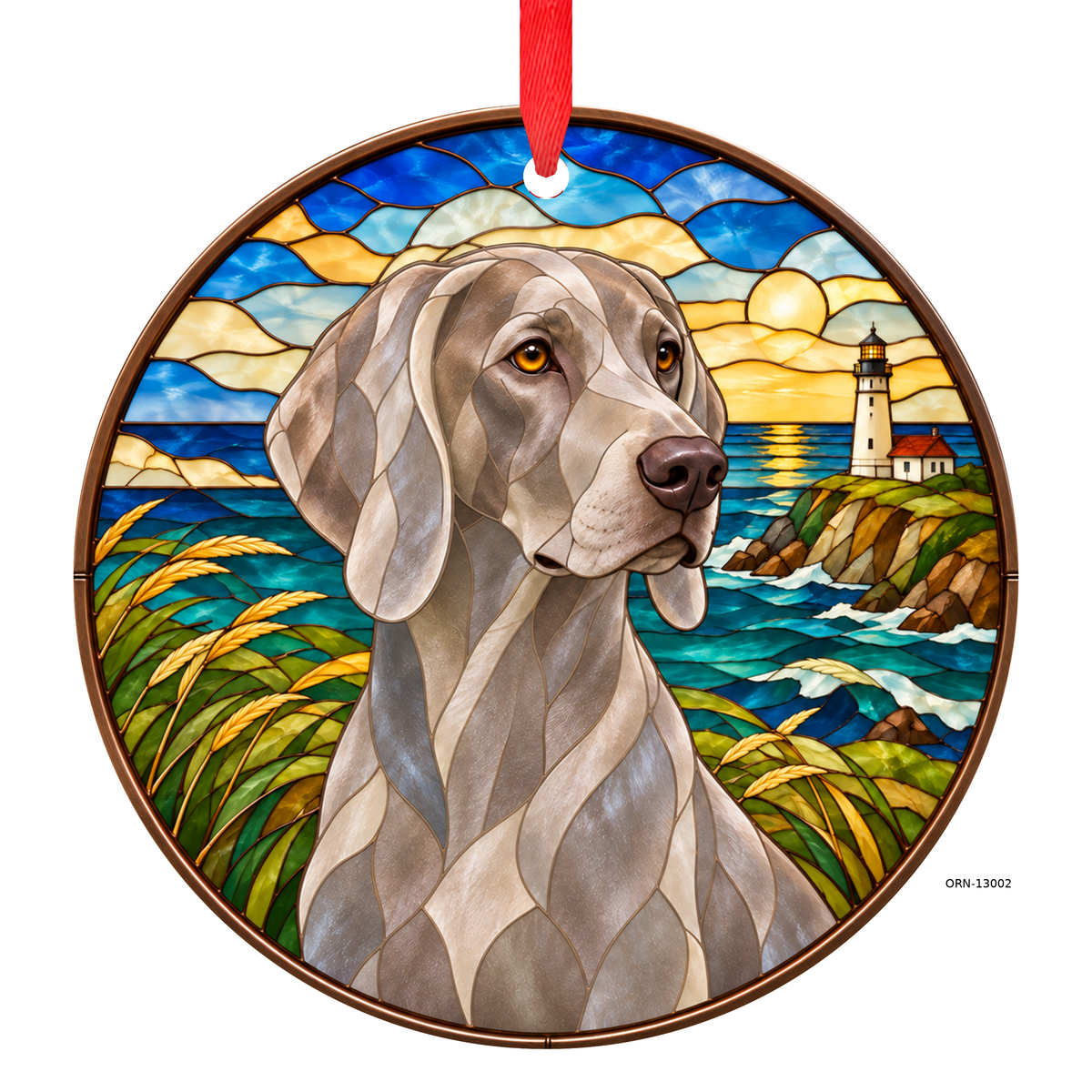Silver Lighthouse Weimaraner stained glass style porcelain Christmas ornament with red ribbon